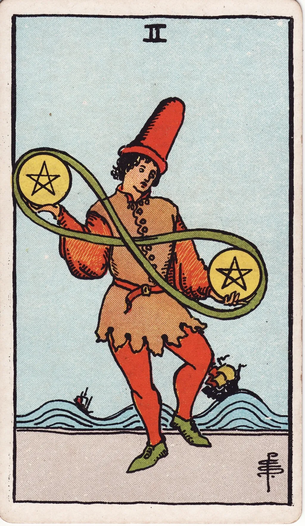 星币二 Two of Pentacles 韦特塔罗牌面