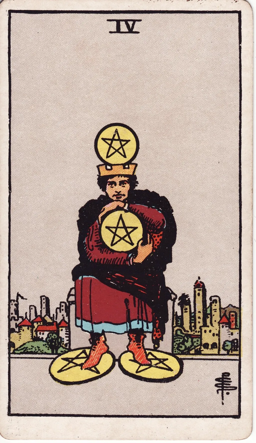 星币四 Four of Pentacles 韦特塔罗牌面