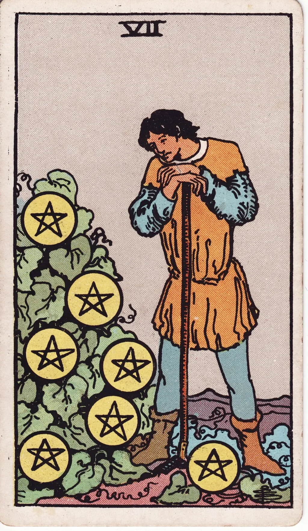星币七 Seven of Pentacles 韦特塔罗牌面