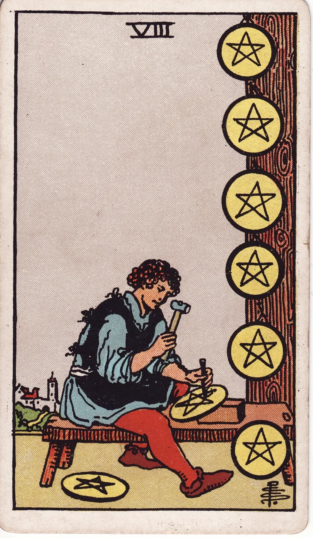 星币八 Eight of Pentacles 韦特塔罗牌面
