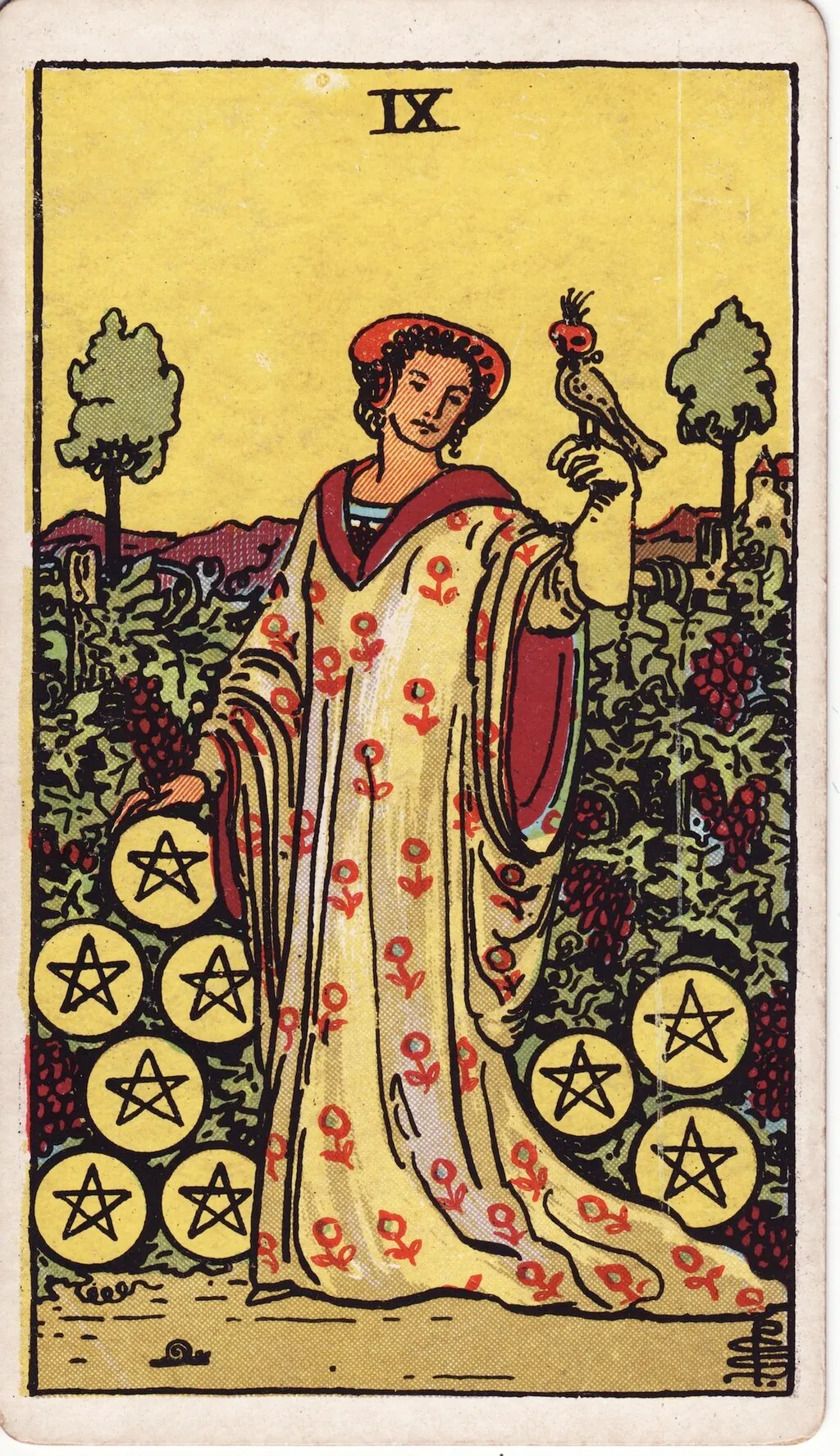 星币九 Nine of Pentacles 韦特塔罗牌面