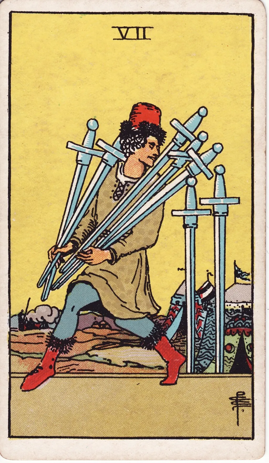 宝剑七 Seven of Swords 韦特塔罗牌面