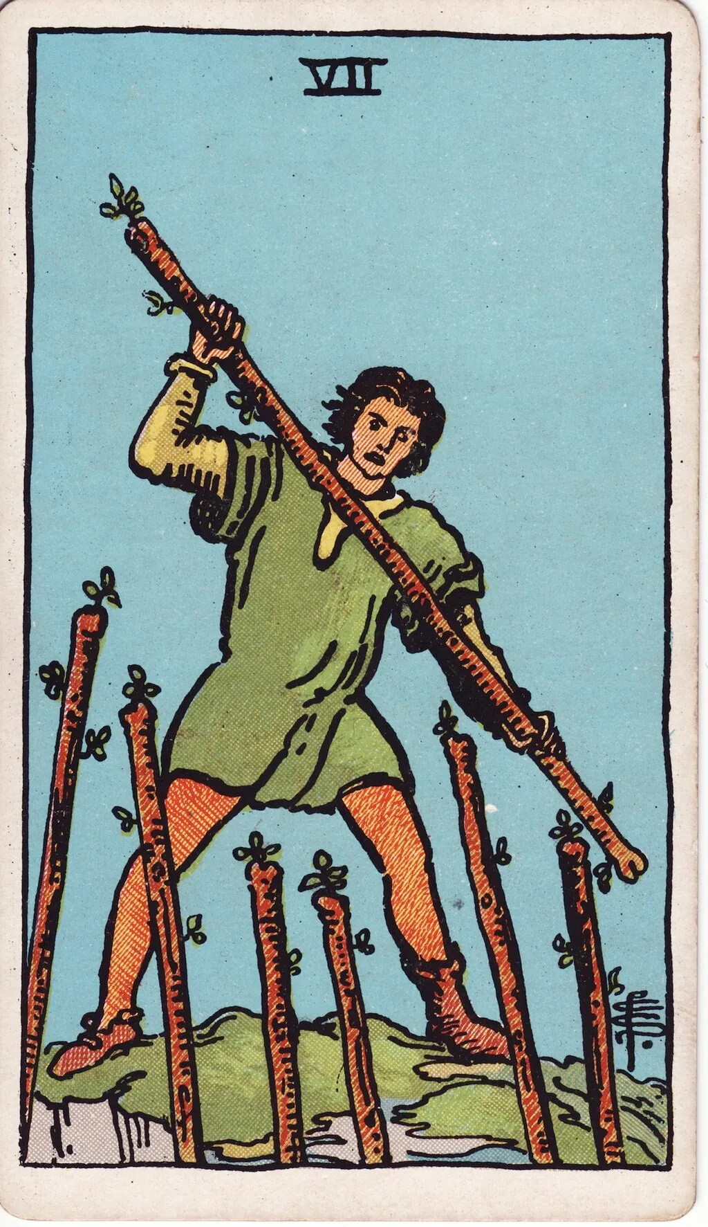 权杖七 Seven of Wands 韦特塔罗牌面