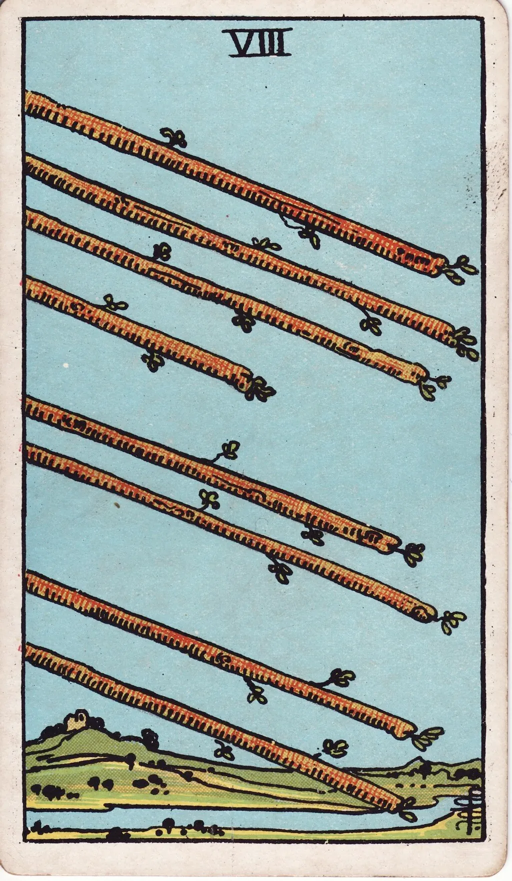 权杖八 Eight of Wands 韦特塔罗牌面